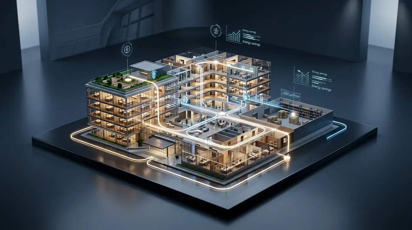 Smart lighting system with LED fixtures, occupancy sensors, and automated energy-saving controls in Saudi Arabia